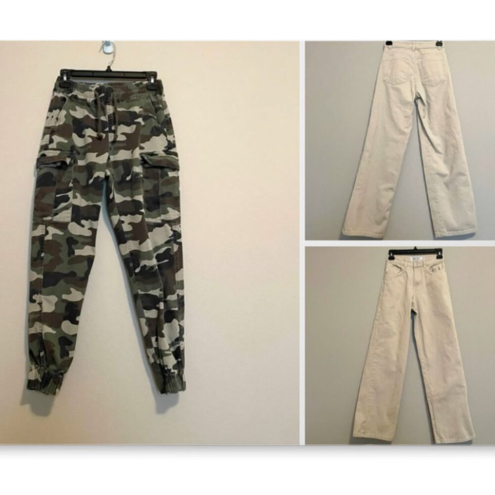 Refuge Denim, 2 pair Jeans, 1 size 00, Wide Leg, Tan Jean, 1 XS Green Cargo Jean